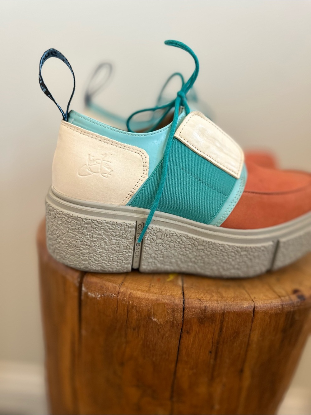 John Fluevog Teal, Coral & White Platform Sneakers